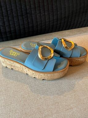 Franco Sarto Sky Blue Cork-Platform Slide Mules with Gold Ring